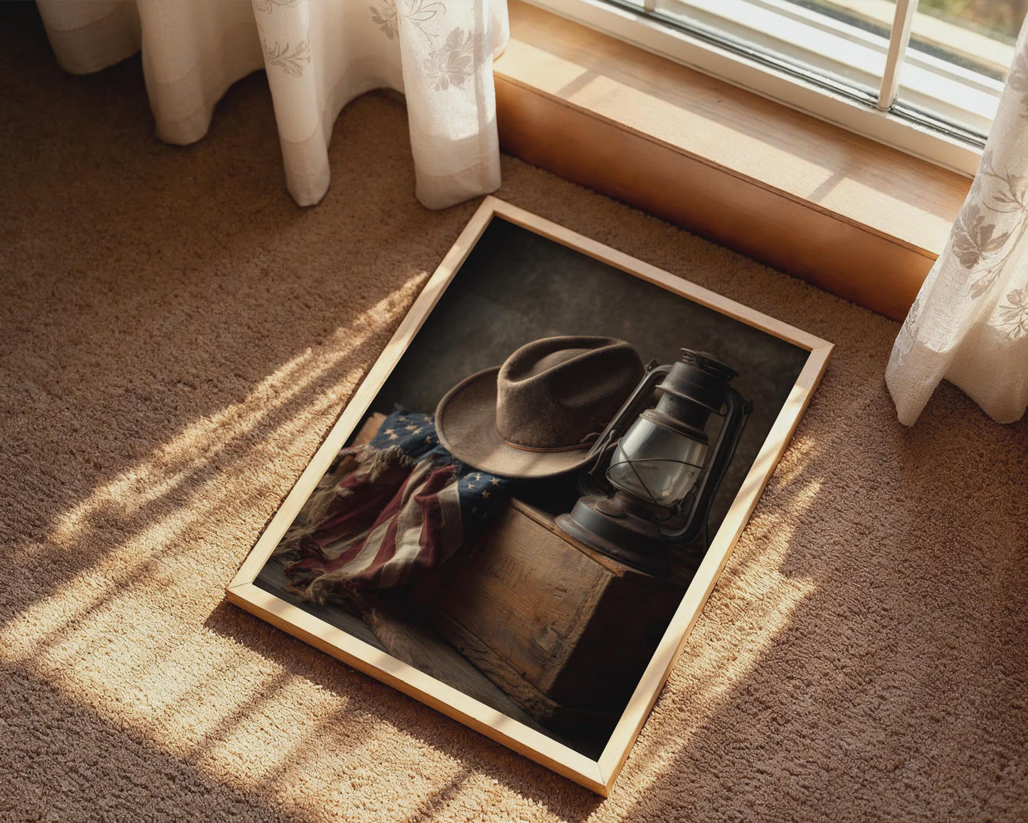 Vintage Cowboy Hat Lantern Wall Art, American Flag Western Print