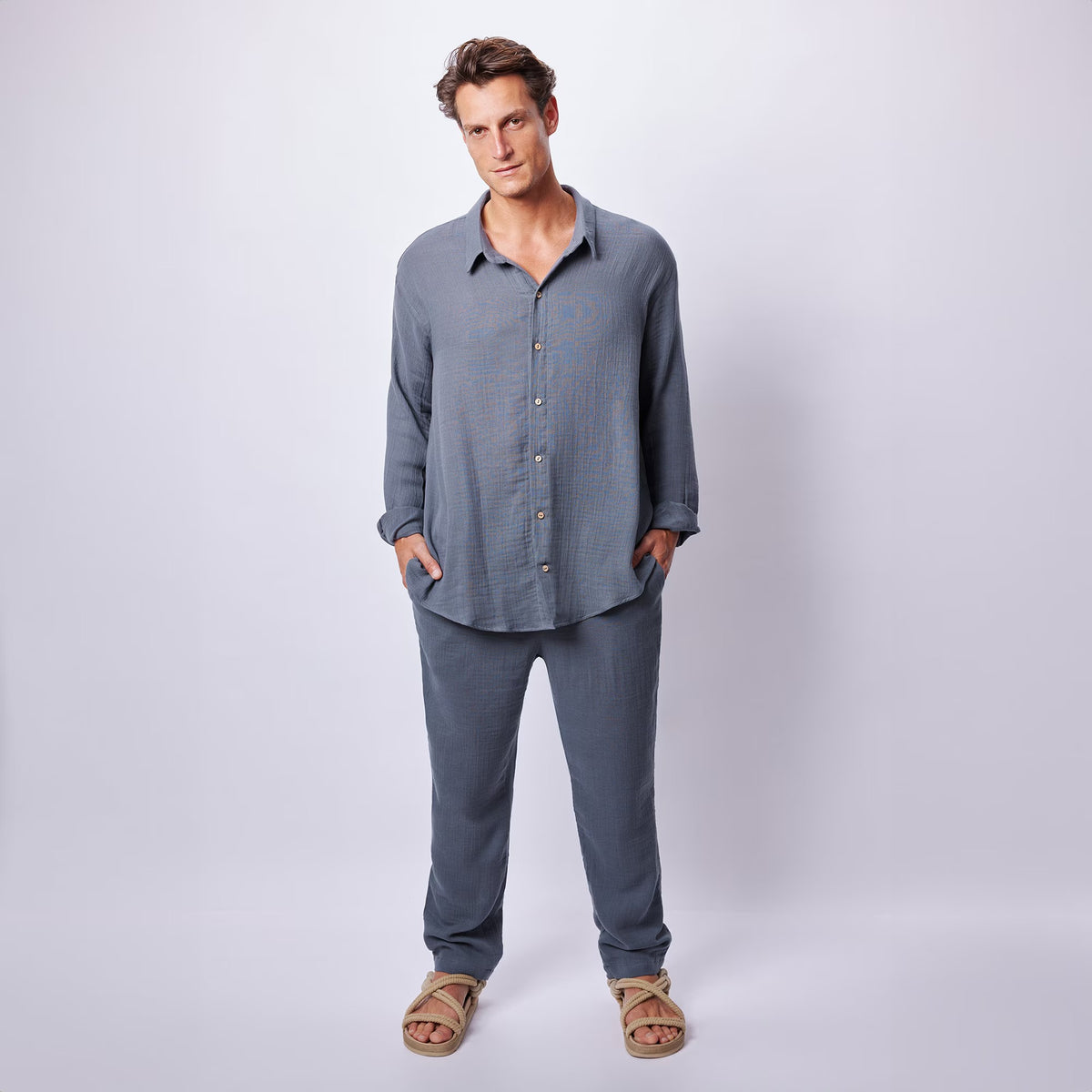 Men's Dark Muslin Set , Lightweight Cotton Shirt and Pants