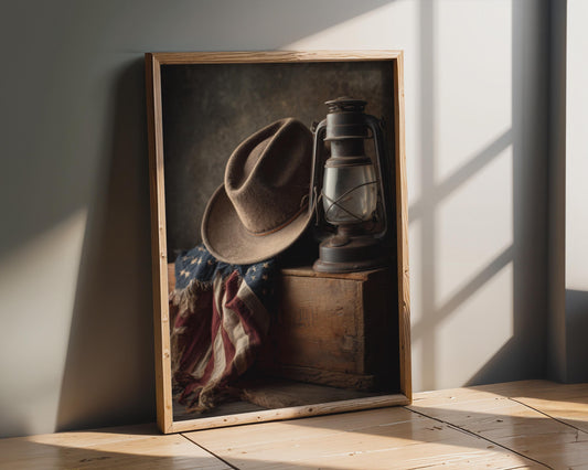 Vintage Cowboy Hat Lantern Wall Art, American Flag Western Print