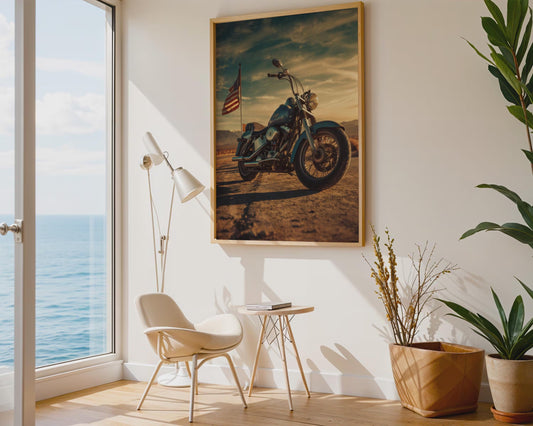 Vintage Motorcycle Wall Art, Rustic Patriotic Canvas Print, Warm Sunset Biker Decor