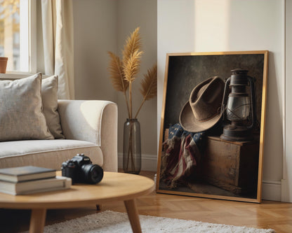 Vintage Cowboy Hat Lantern Wall Art, American Flag Western Print