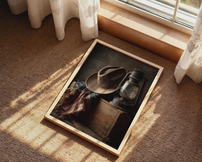 Vintage Cowboy Hat Lantern Wall Art, American Flag Western Print