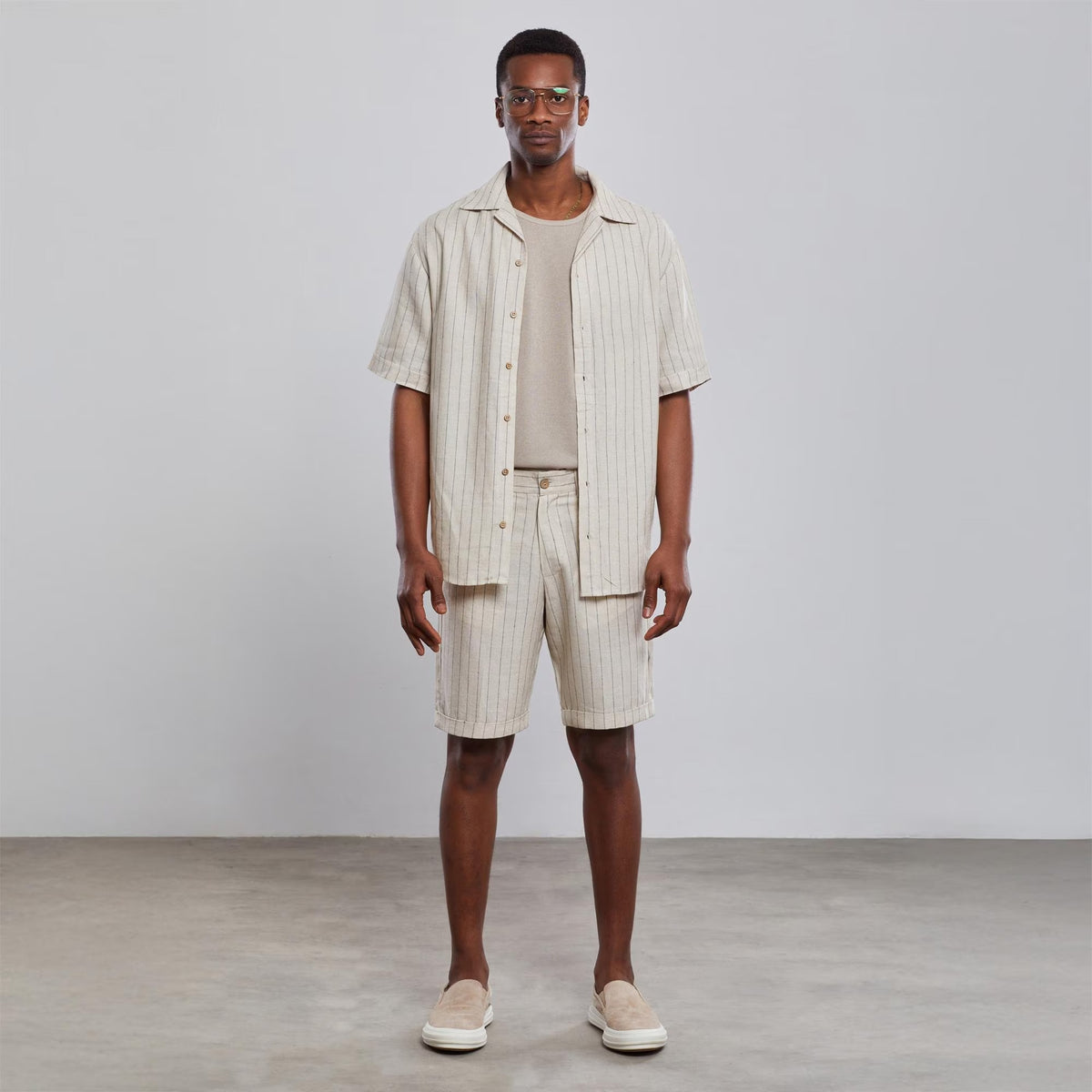 Striped  Linen Set , Men's Summer Outfit, Short Sleeve Shirt and Shorts