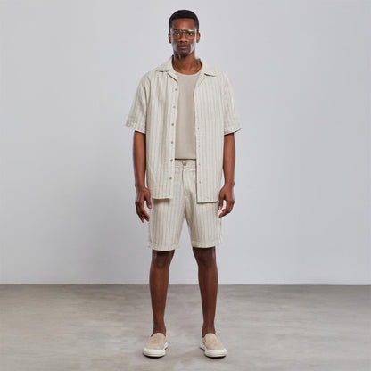 Striped  Linen Set , Men's Summer Outfit, Short Sleeve Shirt and Shorts