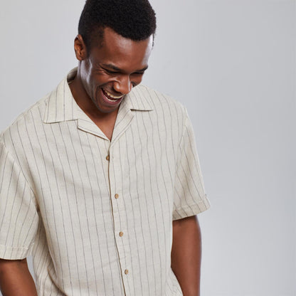 Striped  Linen Set , Men's Summer Outfit, Short Sleeve Shirt and Shorts